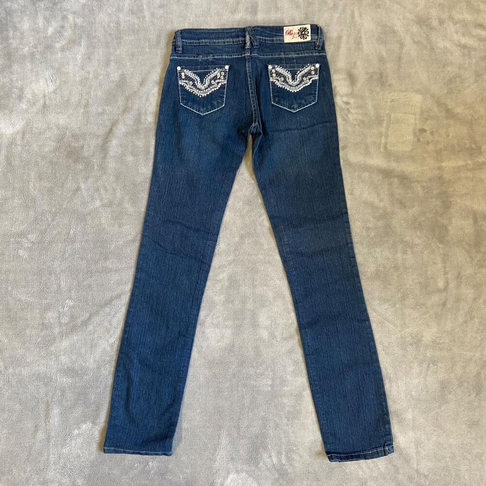 Embellished Mid-Rise Dark Wash Straight Leg Jeans